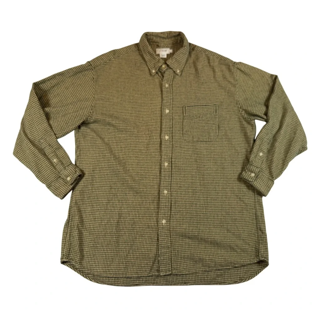 J Crew Vtg Men Large Green Houndstooth Cotton Button Flannel Shirt Long Sleeve L